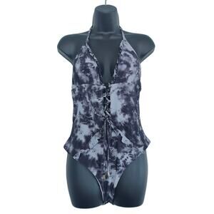 Black Tie Dye Halter Top One Piece Swimsuit Lace Front Ruffle Womens Size 2XL